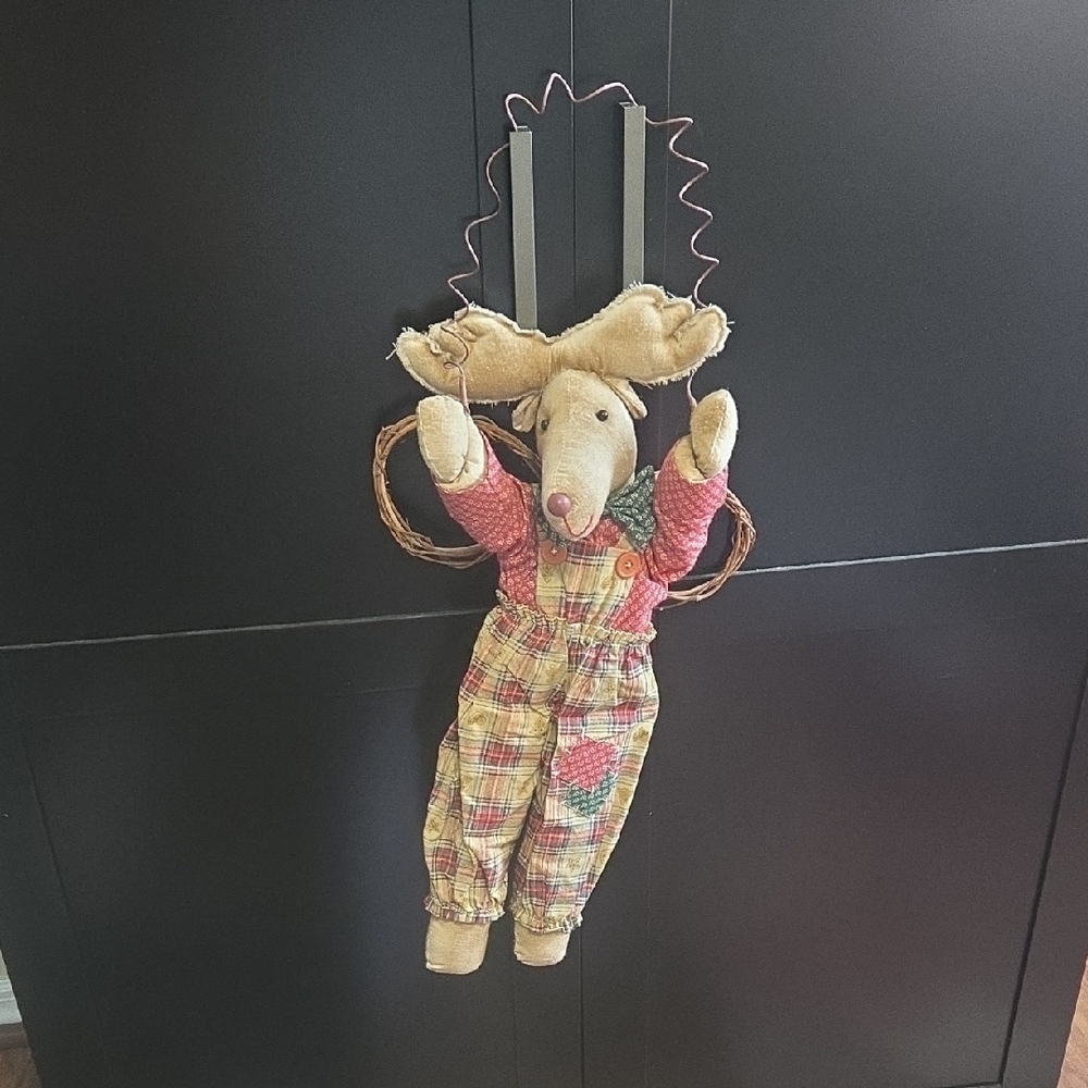Cottagecore Plaid Angel Moose Plush Decor Wicker Wings Hanging. Cute!